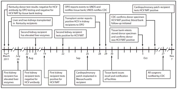 The figure shows investigation timeline after initial report of transmission of hepatitis C virus (HCV) from an organ and tissue donor in Kentucky and Massachusetts during 2011.  In March 2011, three organs (two kidneys and the liver) from the donor were transplanted into three recipients at a local hospital in Kentucky. In September, the two kidney recipients tested positive for HCV by nucleic acid testing (NAT). In November, a cardiopulmonary patch recipient also tested positive for HCV NAT.